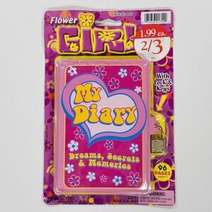Vtg 2001 Y2K Flower Power Girl Diary Pink Yellow Heart Lock Childhood Deadstock